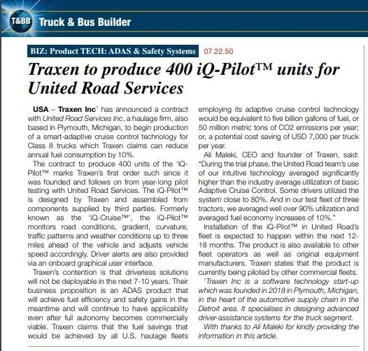 ADAS & Safety Systems: Traxen to produce 400 iQ-Cruise® units for United Road Services